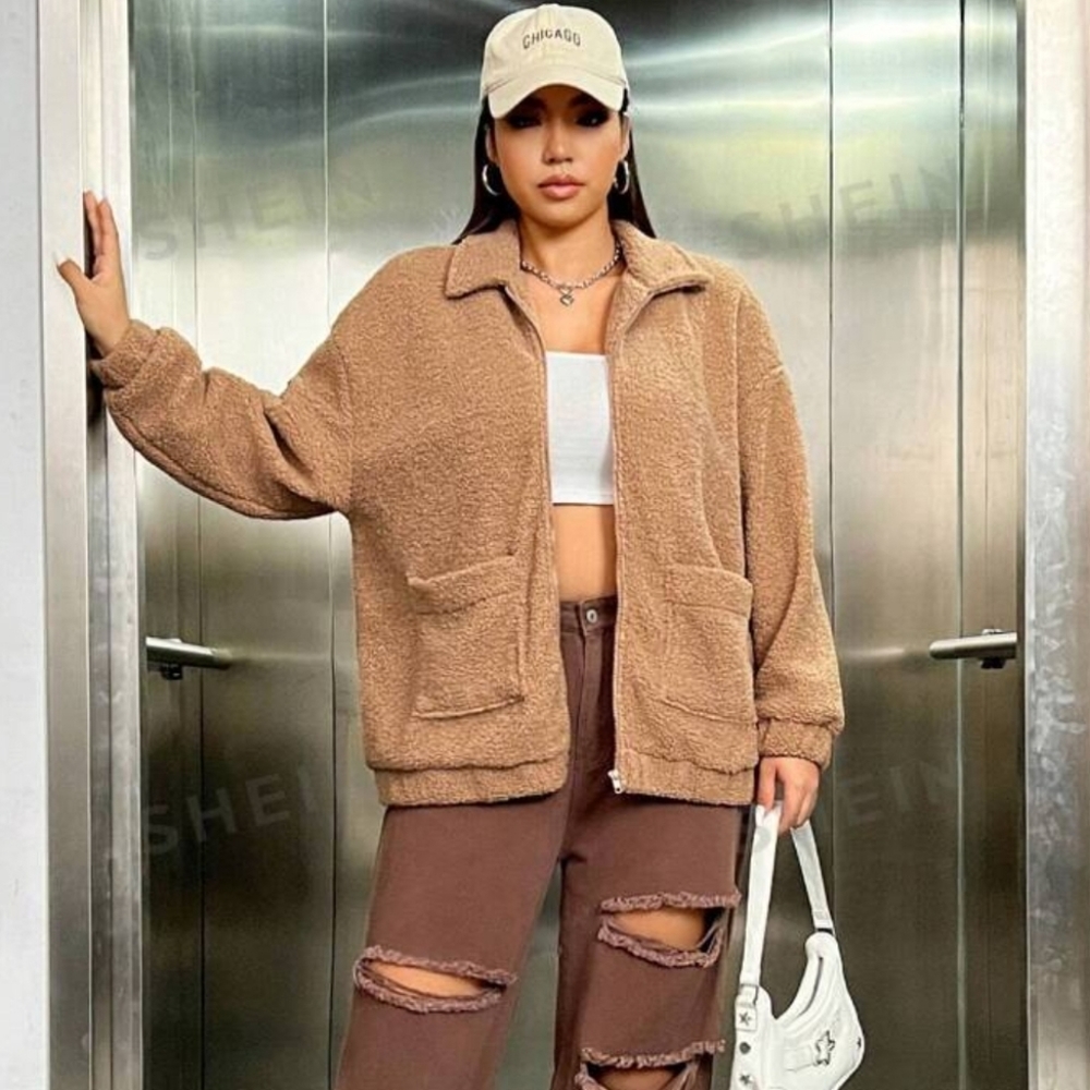 Shein Street Wear Oversized Camel Sherpa Teddy Jacket Quiet Luxury S
